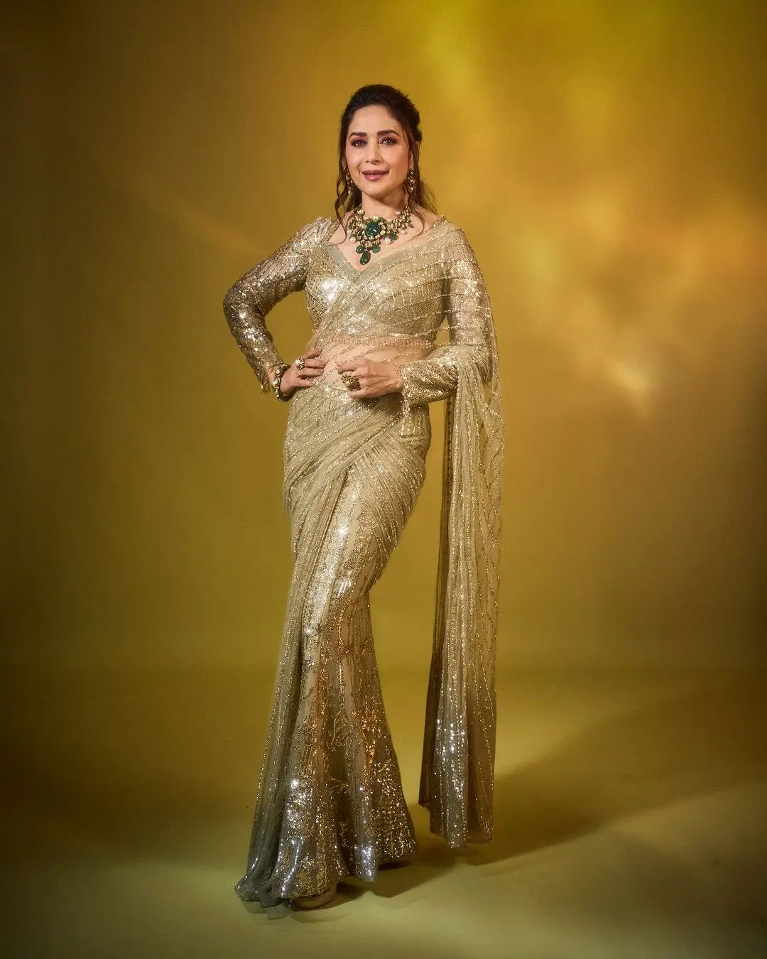 Madhuri Dixit Wearing Beautiful Earrings Jewellery Green Saree